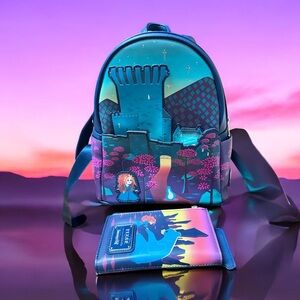 Loungefly bag Brave Princess Merida Blue/Pink Castle mini backpack wallet set